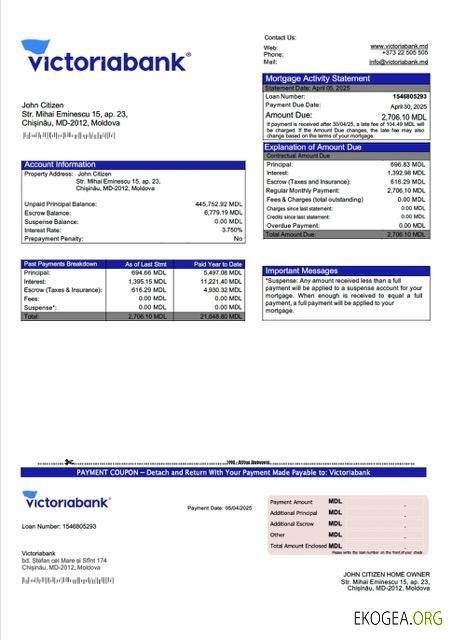 Modèle Word et PDF de relevé hypothécaire de la Victoriabank de Moldavie